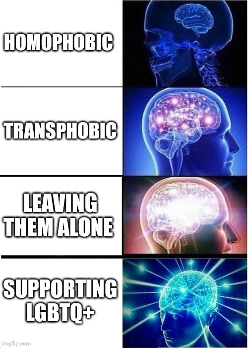 Be smart not a tart | HOMOPHOBIC; TRANSPHOBIC; LEAVING THEM ALONE; SUPPORTING LGBTQ+ | image tagged in memes,expanding brain | made w/ Imgflip meme maker