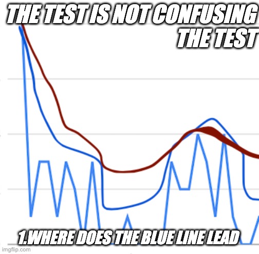 what the **** does it lead too | THE TEST IS NOT CONFUSING
THE TEST; 1.WHERE DOES THE BLUE LINE LEAD | image tagged in what the | made w/ Imgflip meme maker