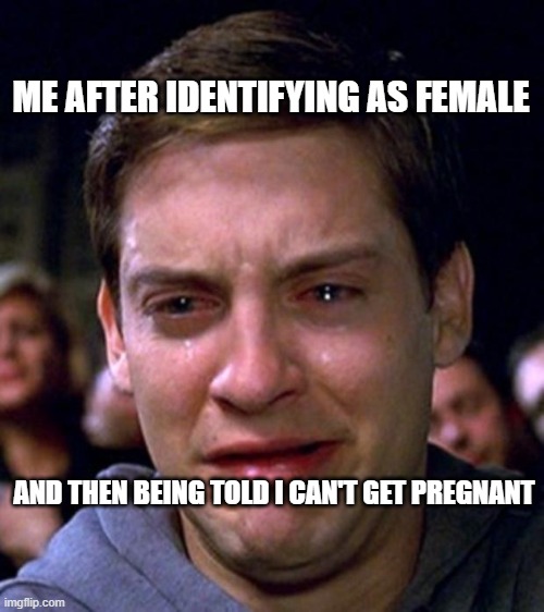 crying peter parker | ME AFTER IDENTIFYING AS FEMALE; AND THEN BEING TOLD I CAN'T GET PREGNANT | image tagged in crying peter parker | made w/ Imgflip meme maker