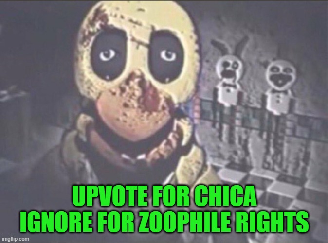 Chica Staring into camera | UPVOTE FOR CHICA
IGNORE FOR ZOOPHILE RIGHTS | image tagged in chica staring into camera,begging for upvotes | made w/ Imgflip meme maker
