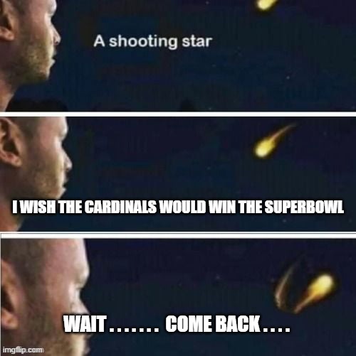 Shooting star rejected wish | I WISH THE CARDINALS WOULD WIN THE SUPERBOWL; WAIT . . . . . . .  COME BACK . . . . | image tagged in shooting star rejected wish | made w/ Imgflip meme maker