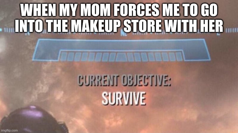 HELP | WHEN MY MOM FORCES ME TO GO INTO THE MAKEUP STORE WITH HER | image tagged in current objective survive | made w/ Imgflip meme maker