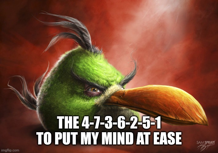 Guess this song | THE 4-7-3-6-2-5-1 TO PUT MY MIND AT EASE | image tagged in realistic angry bird | made w/ Imgflip meme maker