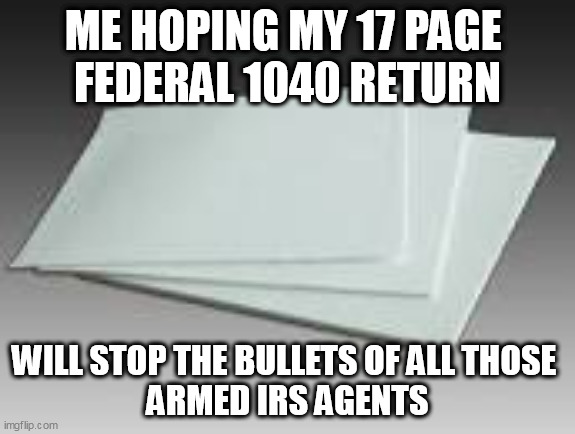 Form 1040 worn on the outside of the vest you better have. | ME HOPING MY 17 PAGE 
FEDERAL 1040 RETURN; WILL STOP THE BULLETS OF ALL THOSE 
ARMED IRS AGENTS | image tagged in government,taxes,armor | made w/ Imgflip meme maker