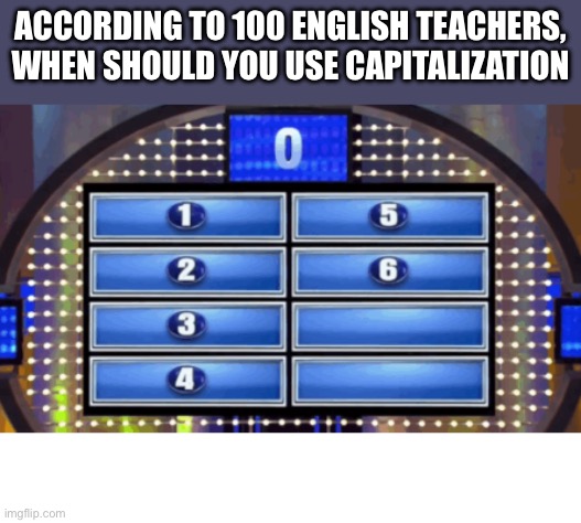 The Survey Says.. | ACCORDING TO 100 ENGLISH TEACHERS, WHEN SHOULD YOU USE CAPITALIZATION | image tagged in the survey says | made w/ Imgflip meme maker