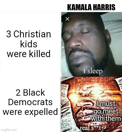 Kamala went to Tennessee today to meet with the victims...not the one's you'd think | KAMALA HARRIS; 3 Christian kids were killed; 2 Black Democrats were expelled; I must go meet with them | image tagged in sleeping shaq clean/edited/censored etc,democrats,kamala harris,biden | made w/ Imgflip meme maker
