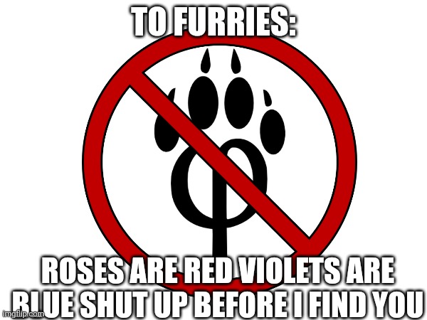 no furry | TO FURRIES:; ROSES ARE RED VIOLETS ARE BLUE SHUT UP BEFORE I FIND YOU | image tagged in antifurry | made w/ Imgflip meme maker