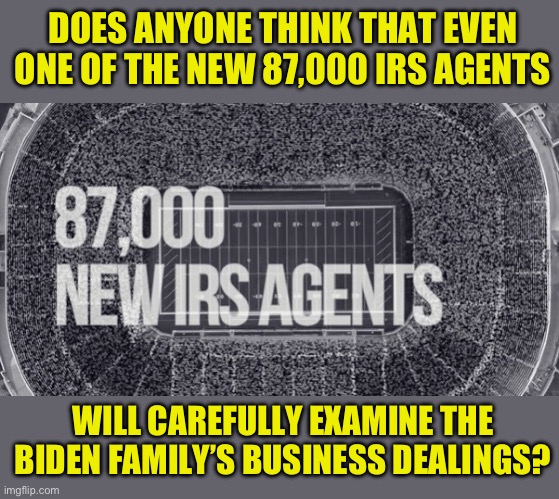 IRS | DOES ANYONE THINK THAT EVEN ONE OF THE NEW 87,000 IRS AGENTS; WILL CAREFULLY EXAMINE THE BIDEN FAMILY’S BUSINESS DEALINGS? | image tagged in biden | made w/ Imgflip meme maker