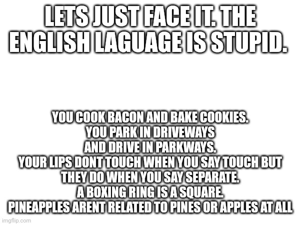 LETS JUST FACE IT. THE ENGLISH LAGUAGE IS STUPID. YOU COOK BACON AND BAKE COOKIES.
YOU PARK IN DRIVEWAYS AND DRIVE IN PARKWAYS.
YOUR LIPS DONT TOUCH WHEN YOU SAY TOUCH BUT THEY DO WHEN YOU SAY SEPARATE.
A BOXING RING IS A SQUARE.
PINEAPPLES ARENT RELATED TO PINES OR APPLES AT ALL | made w/ Imgflip meme maker