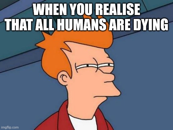 Futurama Fry Meme | WHEN YOU REALISE THAT ALL HUMANS ARE DYING | image tagged in memes,futurama fry | made w/ Imgflip meme maker