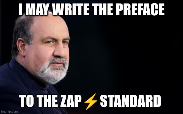 Nassim Nicholas Taleb | I MAY WRITE THE PREFACE; TO THE ZAP⚡STANDARD | image tagged in nassim nicholas taleb | made w/ Imgflip meme maker