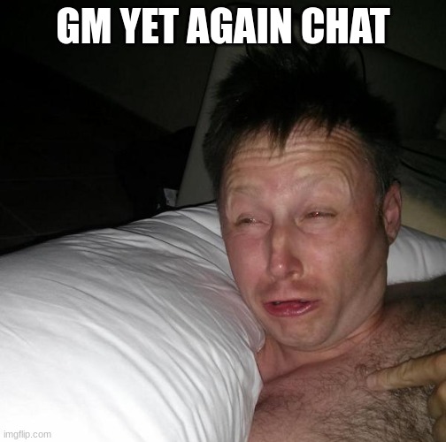 screw sleep scdedules | GM YET AGAIN CHAT | image tagged in limmy waking up,memes,funny,gm | made w/ Imgflip meme maker