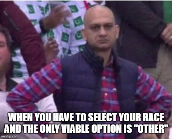 Upset | WHEN YOU HAVE TO SELECT YOUR RACE AND THE ONLY VIABLE OPTION IS "OTHER" | image tagged in upset | made w/ Imgflip meme maker