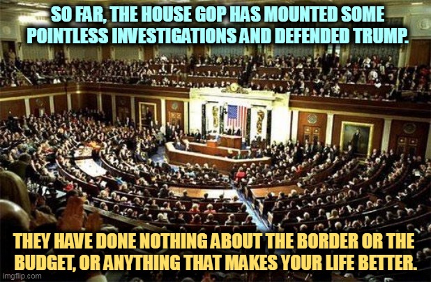 The GOP House is a total waste of time. They've done nothing and look foolish as hell. | SO FAR, THE HOUSE GOP HAS MOUNTED SOME POINTLESS INVESTIGATIONS AND DEFENDED TRUMP. THEY HAVE DONE NOTHING ABOUT THE BORDER OR THE 
BUDGET, OR ANYTHING THAT MAKES YOUR LIFE BETTER. | image tagged in congress,republicans,incompetence,fools | made w/ Imgflip meme maker