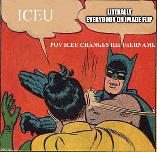 P.o.v Iceu changes his username | ICEU; LITERALLY EVERYBODY ON IMAGE FLIP; POV ICEU CHANGES HIS USERNAME | image tagged in memes,batman slapping robin | made w/ Imgflip meme maker