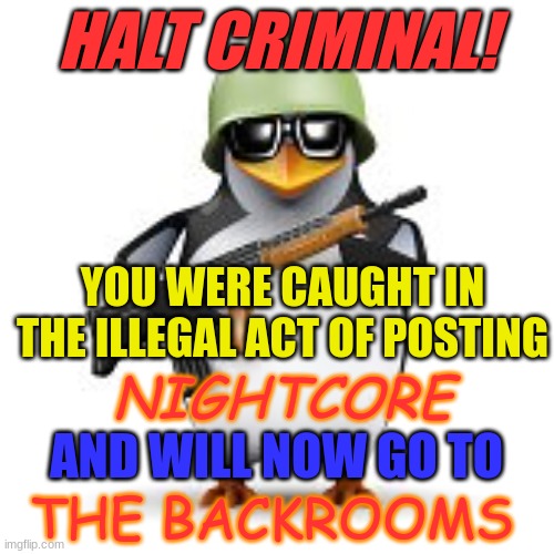 NO NIGHTCORE ALLOWED PENGUIN | HALT CRIMINAL! YOU WERE CAUGHT IN THE ILLEGAL ACT OF POSTING; NIGHTCORE; AND WILL NOW GO TO; THE BACKROOMS | image tagged in no anime penguin | made w/ Imgflip meme maker