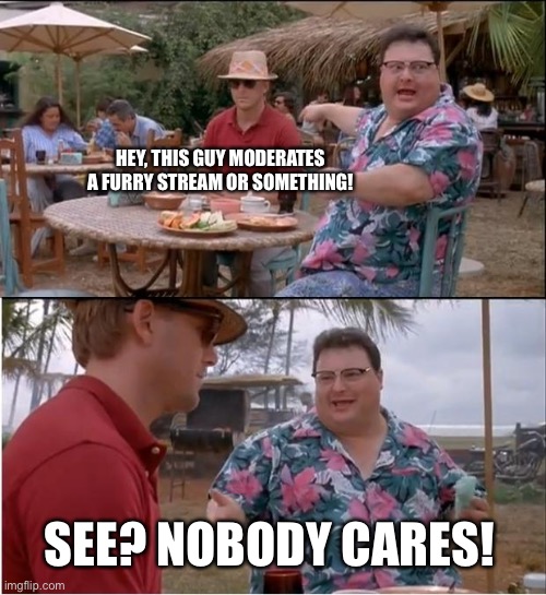 See Nobody Cares Meme | HEY, THIS GUY MODERATES A FURRY STREAM OR SOMETHING! SEE? NOBODY CARES! | image tagged in memes,see nobody cares | made w/ Imgflip meme maker