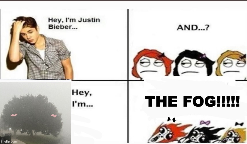 Hey, I'm Justin Bieber | THE FOG!!!!! | image tagged in hey i'm justin bieber | made w/ Imgflip meme maker