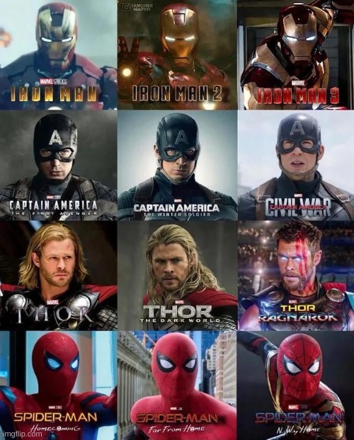 what is your favorite trilogy out of these? | image tagged in marvel,iron man,captain america,thor,spider man | made w/ Imgflip meme maker