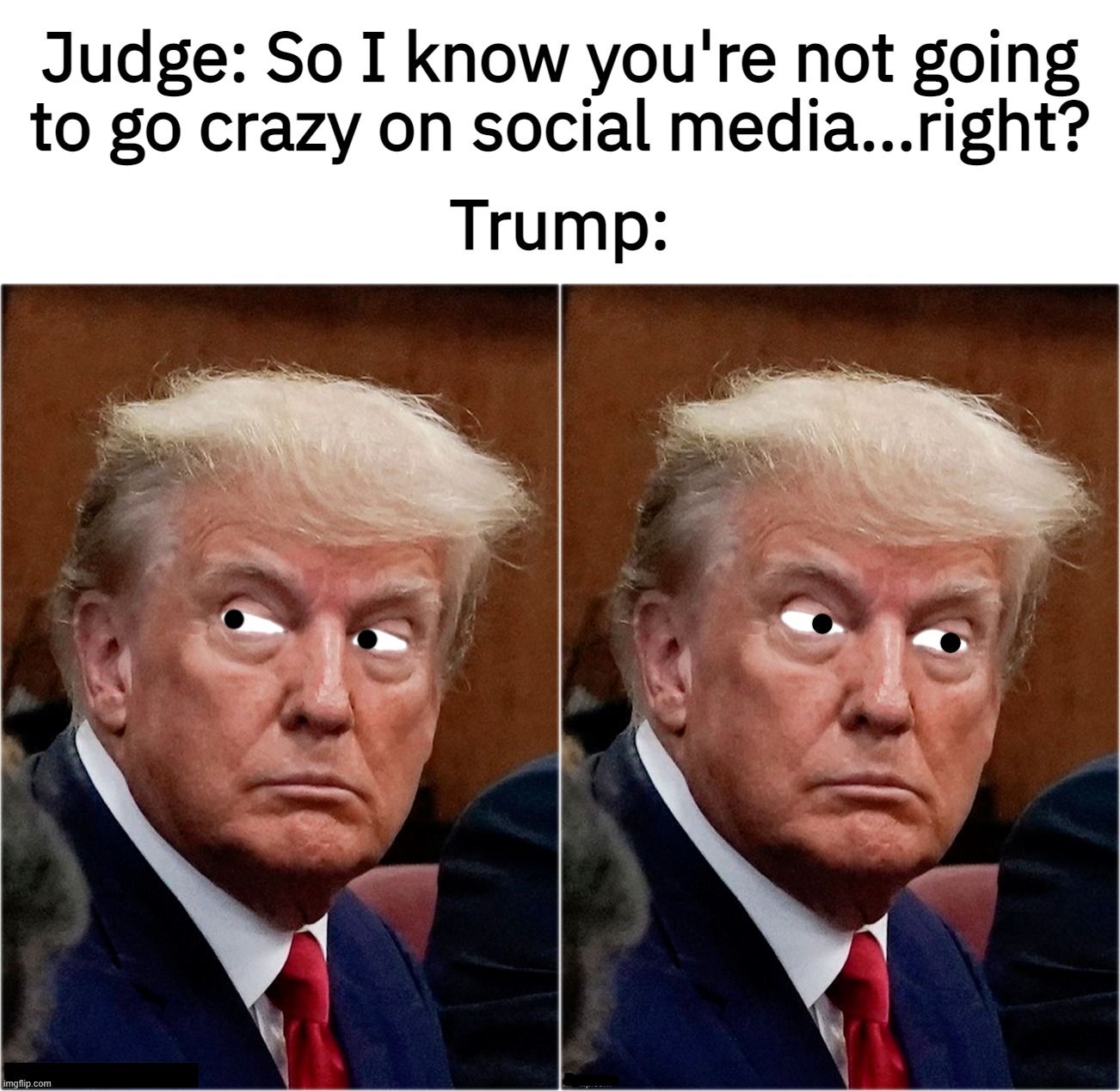 fuppet... | Judge: So I know you're not going to go crazy on social media...right? Trump: | image tagged in trumpy muppet d-_-b template,defendant,trump | made w/ Imgflip meme maker