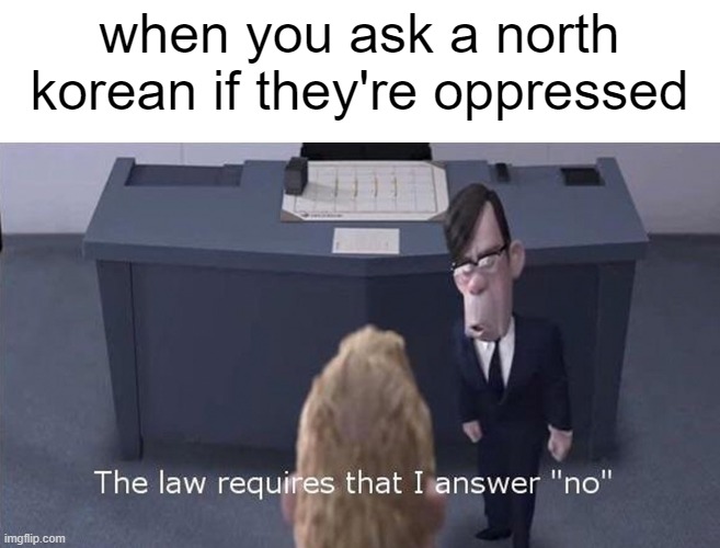 north korea | when you ask a north korean if they're oppressed | image tagged in the law requires,memes,funny,so true memes,north korea | made w/ Imgflip meme maker