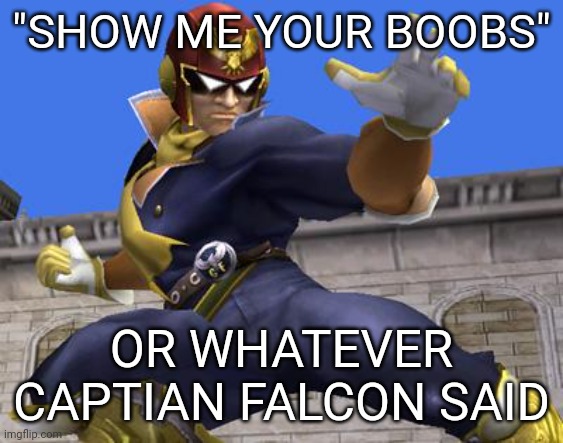 Captain Falcon | "SHOW ME YOUR BOOBS"; OR WHATEVER CAPTIAN FALCON SAID | image tagged in captain falcon | made w/ Imgflip meme maker