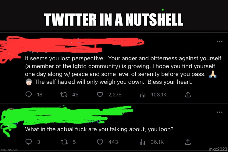 Twitter Replies In A Nutshell | TWITTER IN A NUTSHELL; mxc2023 | image tagged in twitter,internet,social media,conversation,funny,humor | made w/ Imgflip meme maker
