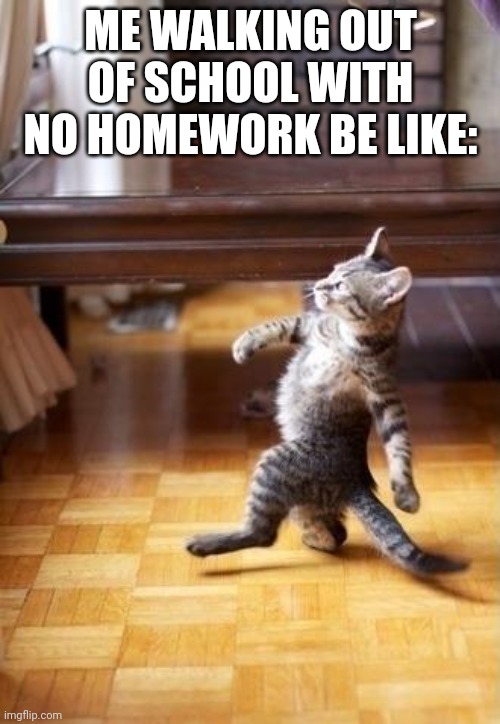 funy | ME WALKING OUT OF SCHOOL WITH NO HOMEWORK BE LIKE: | image tagged in memes,cool cat stroll | made w/ Imgflip meme maker