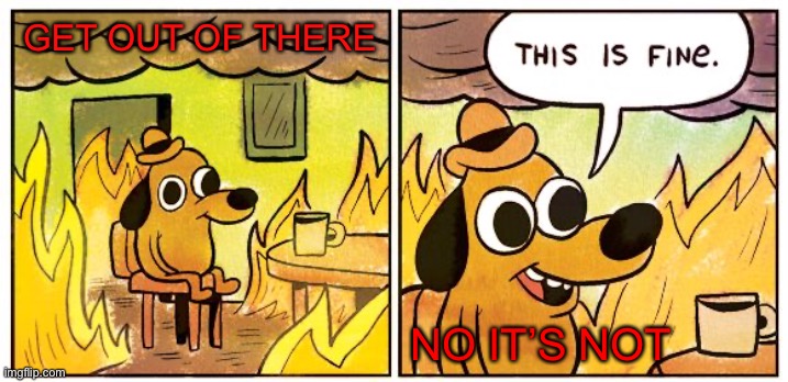 Doggie No! | GET OUT OF THERE; NO IT’S NOT | image tagged in memes,this is fine | made w/ Imgflip meme maker
