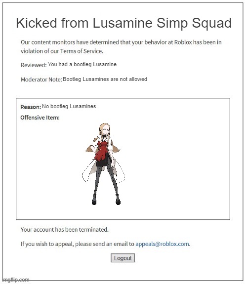 Bootleg Lusamine | Kicked from Lusamine Simp Squad; You had a bootleg Lusamine; Bootleg Lusamines are not allowed; No bootleg Lusamines | image tagged in moderation system,pokemon sword and shield,roblox | made w/ Imgflip meme maker