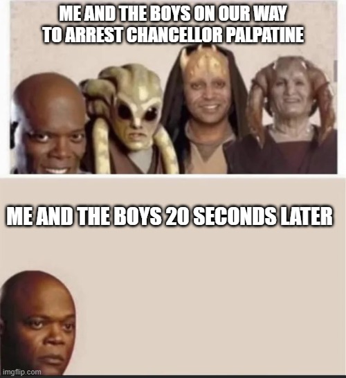 So...It's Treason Then | ME AND THE BOYS ON OUR WAY TO ARREST CHANCELLOR PALPATINE; ME AND THE BOYS 20 SECONDS LATER | image tagged in star wars,emperor palpatine,mace windu | made w/ Imgflip meme maker