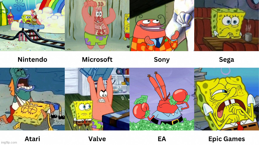 Video Game Companies as Represented by SpongeBob | image tagged in spongebob,video games,gaming,nintendo,valve,sony | made w/ Imgflip meme maker