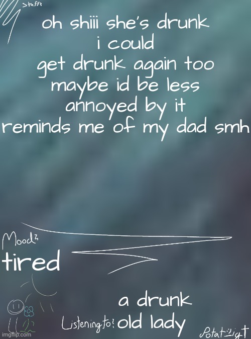 THERE'S SOMETHING IN MY DAMN EYE OMH | oh shiii she's drunk
i could get drunk again too maybe id be less annoyed by it
reminds me of my dad smh; tired; a drunk old lady | image tagged in i ate children for breakfast | made w/ Imgflip meme maker