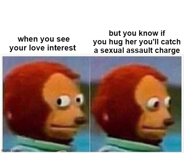 Monkey Puppet Meme | when you see your love interest but you know if you hug her you'll catch a sexual assault charge | image tagged in memes,monkey puppet | made w/ Imgflip meme maker