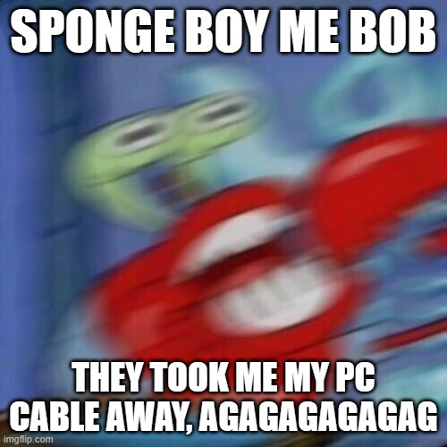 I made this because of my discord friend | SPONGE BOY ME BOB; THEY TOOK ME MY PC CABLE AWAY, AGAGAGAGAGAG | image tagged in mr krabs blur | made w/ Imgflip meme maker