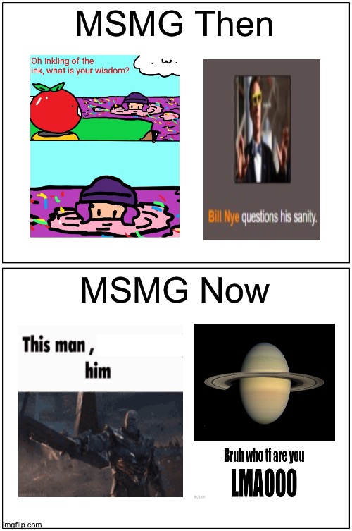 Blank Comic Panel 1x2 Meme | MSMG Then; MSMG Now | image tagged in memes,blank comic panel 1x2 | made w/ Imgflip meme maker