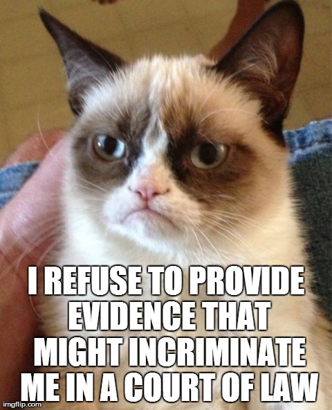 In Regards To The Cat In Custody For Taking Owners Hostage | I REFUSE TO PROVIDE EVIDENCE THAT MIGHT INCRIMINATE ME IN A COURT OF LAW | image tagged in memes,grumpy cat | made w/ Imgflip meme maker