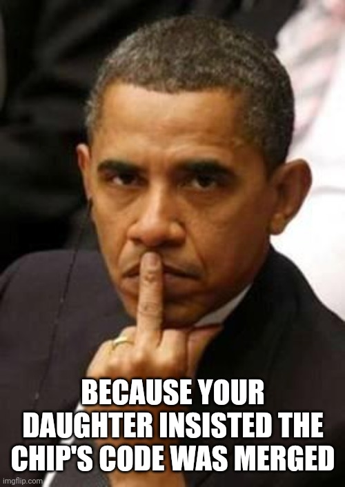 Obama Middle Finger | BECAUSE YOUR DAUGHTER INSISTED THE CHIP'S CODE WAS MERGED | image tagged in obama middle finger | made w/ Imgflip meme maker