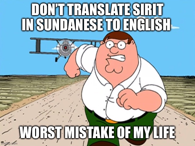 Peter Griffin running away | DON’T TRANSLATE SIRIT IN SUNDANESE TO ENGLISH; WORST MISTAKE OF MY LIFE | image tagged in peter griffin running away | made w/ Imgflip meme maker