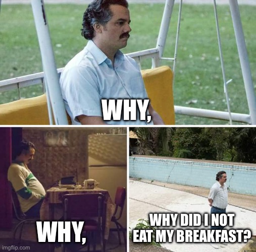 Pablo | WHY, WHY, WHY DID I NOT EAT MY BREAKFAST? | image tagged in memes,sad pablo escobar | made w/ Imgflip meme maker