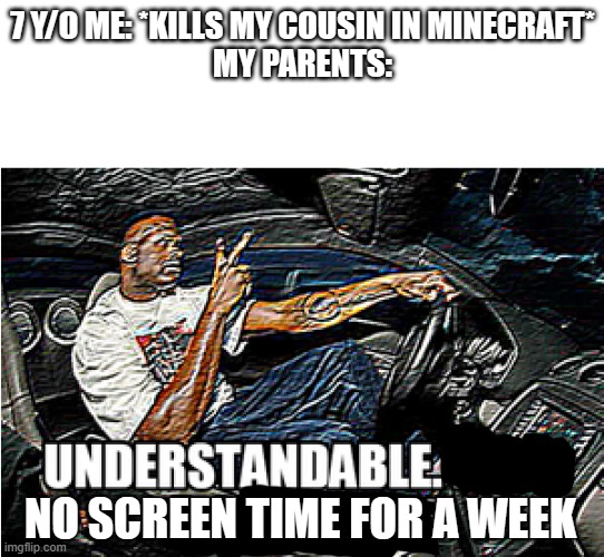 Parents be like.. | 7 Y/O ME: *KILLS MY COUSIN IN MINECRAFT*

MY PARENTS:; NO SCREEN TIME FOR A WEEK | image tagged in understandable have a great day | made w/ Imgflip meme maker