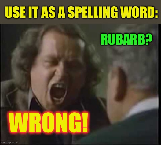 Sam Kinison Back To School | USE IT AS A SPELLING WORD: WRONG! RUBARB? | image tagged in sam kinison back to school | made w/ Imgflip meme maker
