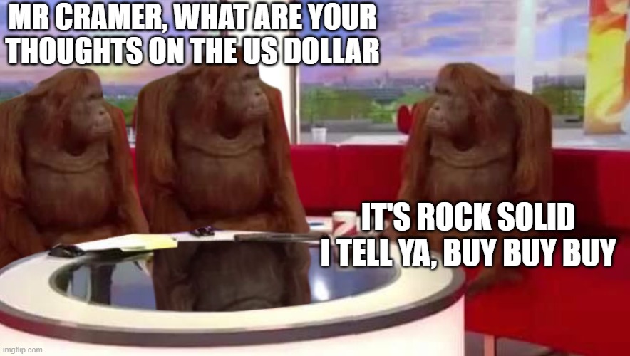 Jim Cramer's thoughts on the US Dollar | MR CRAMER, WHAT ARE YOUR THOUGHTS ON THE US DOLLAR; IT'S ROCK SOLID I TELL YA, BUY BUY BUY | image tagged in where monkey,mad money jim cramer,us dollar | made w/ Imgflip meme maker