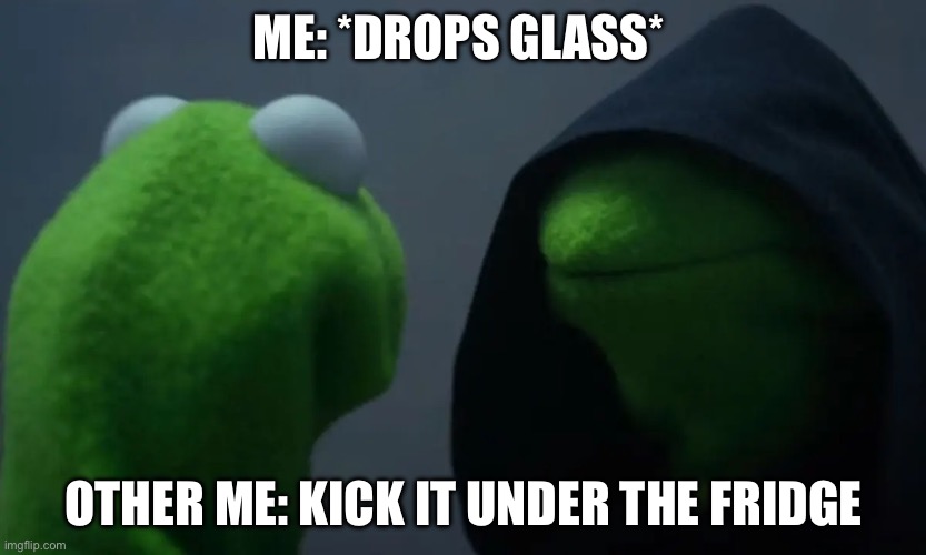 Kermit with evil Kermit | ME: *DROPS GLASS*; OTHER ME: KICK IT UNDER THE FRIDGE | image tagged in kermit the frog | made w/ Imgflip meme maker