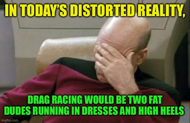 Captain Picard Facepalm Meme | IN TODAY’S DISTORTED REALITY, DRAG RACING WOULD BE TWO FAT DUDES RUNNING IN DRESSES AND HIGH HEELS | image tagged in memes,captain picard facepalm | made w/ Imgflip meme maker