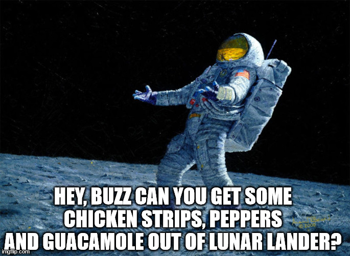 astronaut | HEY, BUZZ CAN YOU GET SOME CHICKEN STRIPS, PEPPERS AND GUACAMOLE OUT OF LUNAR LANDER? | image tagged in astronaut | made w/ Imgflip meme maker