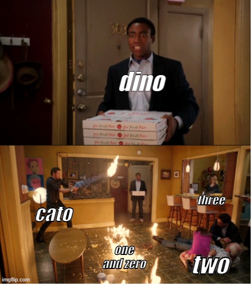 THE NUMBER DEMONS ARE MULTIPLYING | dino; three; cato; one and zero; two | image tagged in community fire pizza meme | made w/ Imgflip meme maker