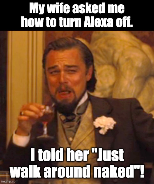 Alexa | My wife asked me how to turn Alexa off. I told her "Just walk around naked"! | image tagged in memes,laughing leo | made w/ Imgflip meme maker