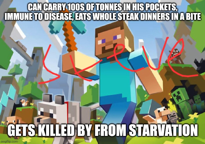 Minecraft  | CAN CARRY 100S OF TONNES IN HIS POCKETS, IMMUNE TO DISEASE, EATS WHOLE STEAK DINNERS IN A BITE; GETS KILLED BY FROM STARVATION | image tagged in minecraft | made w/ Imgflip meme maker