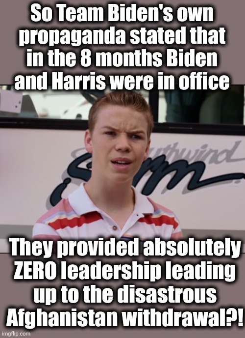 Their own official report: "Team Biden" was totally asleep at the wheel | So Team Biden's own
propaganda stated that in the 8 months Biden and Harris were in office; They provided absolutely
ZERO leadership leading
up to the disastrous Afghanistan withdrawal?! | image tagged in you guys are getting paid,memes,joe biden,afghanistan,propaganda,democrats | made w/ Imgflip meme maker